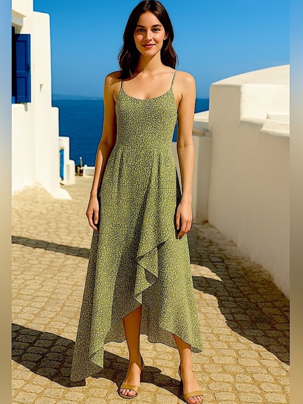 Ecowish Women’s Large Olive Green Printed Sleeveless Midi Maxi Dress Boho EUC